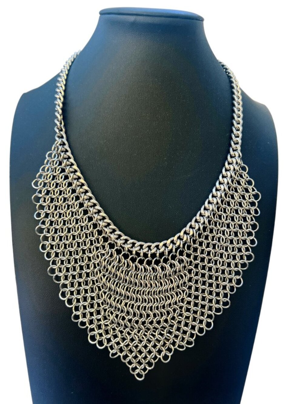 Layered Chainmail Bib Necklace Silver-Tone Adjustable Lobster Clasp 15-18 Inches